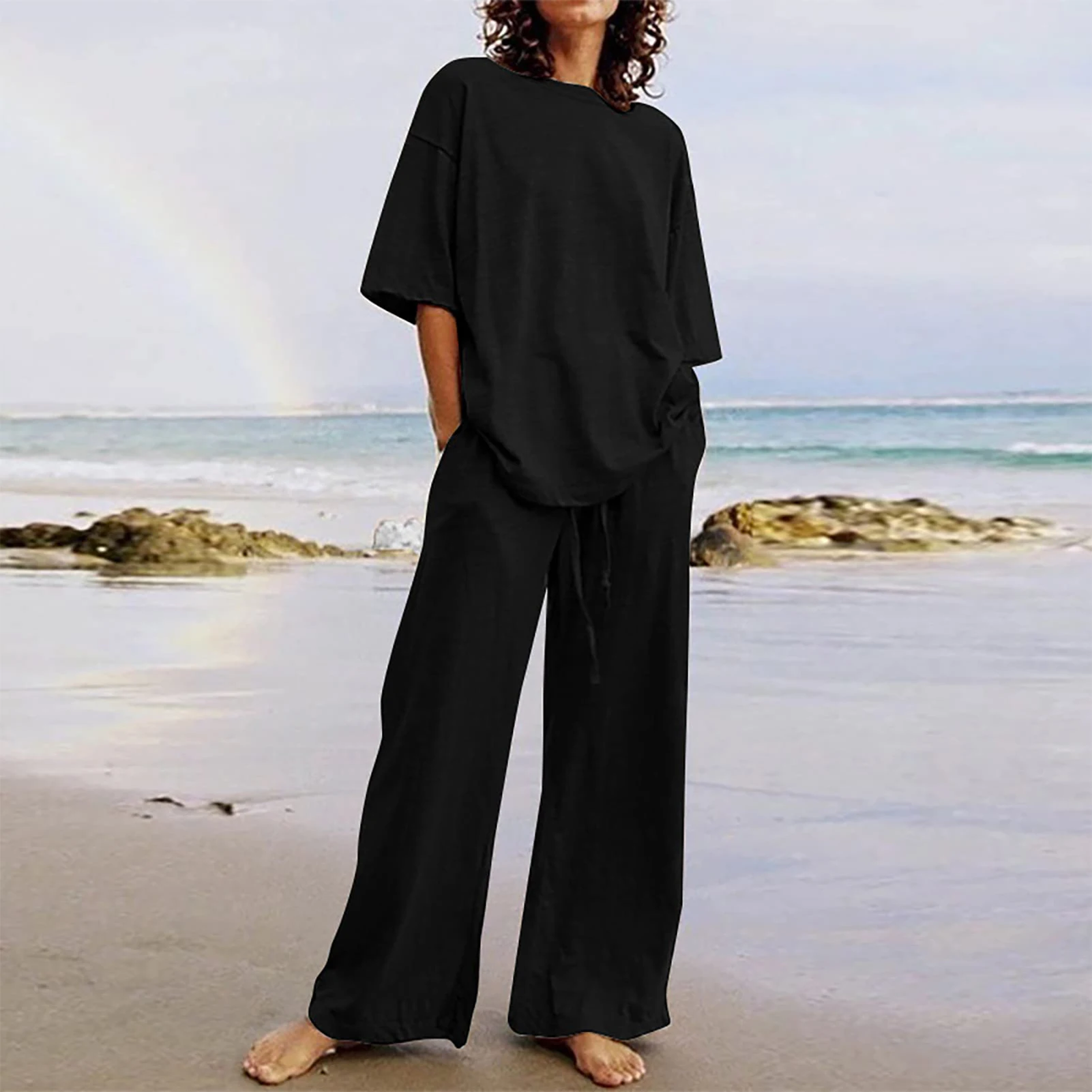 

Women Casual T Shirt Pants Set Summer 2 Piece Outfits High Waist Cotton Linen Top Baggy Trousers Solid Color Short Sleeve Suits