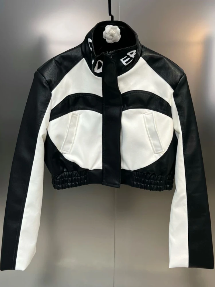Enlarge Women's Moto Biker Zipper Jacket Letter Print Black and White PU New Outerwear Jackets for Women 2023 Loose Short Leather Jacket