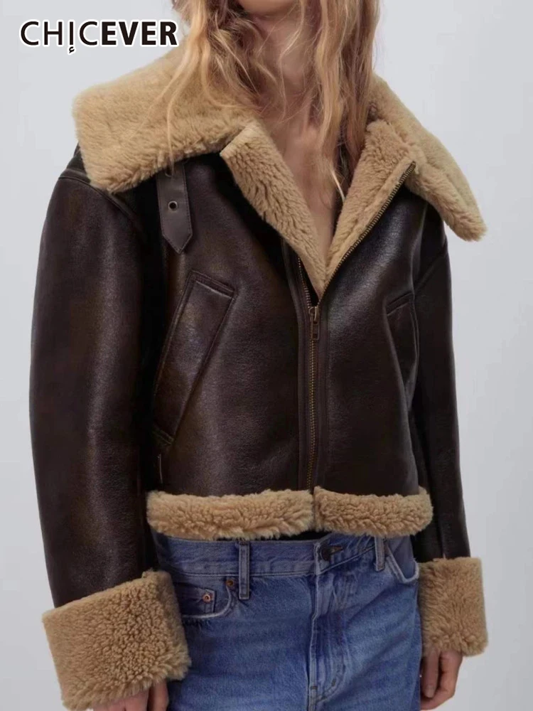 

CHICEVER Straight Loose Coats For Women Lapel Long Sleeve Patchwork Zipper Solid Coat Female Clothing Winter Vintage 2022 Style