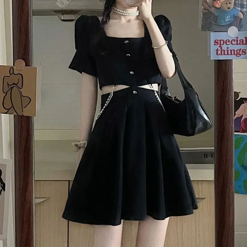 

2023 Vestidos De Mujer Y2k Clothes Summer Women Dress Streetwear Fashion Black Robe Vestido Femme Square Collar Hollow Out Dress