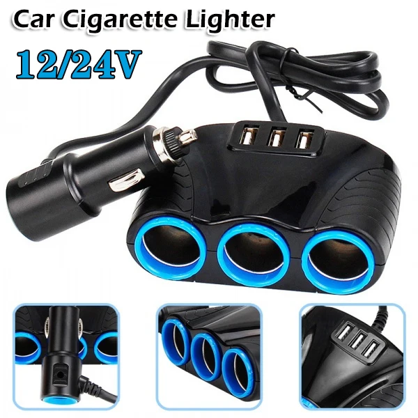 

12V-24V Universal Car Cigarette Lighter 3 Ports USB Charger 3 Sockets Splitter