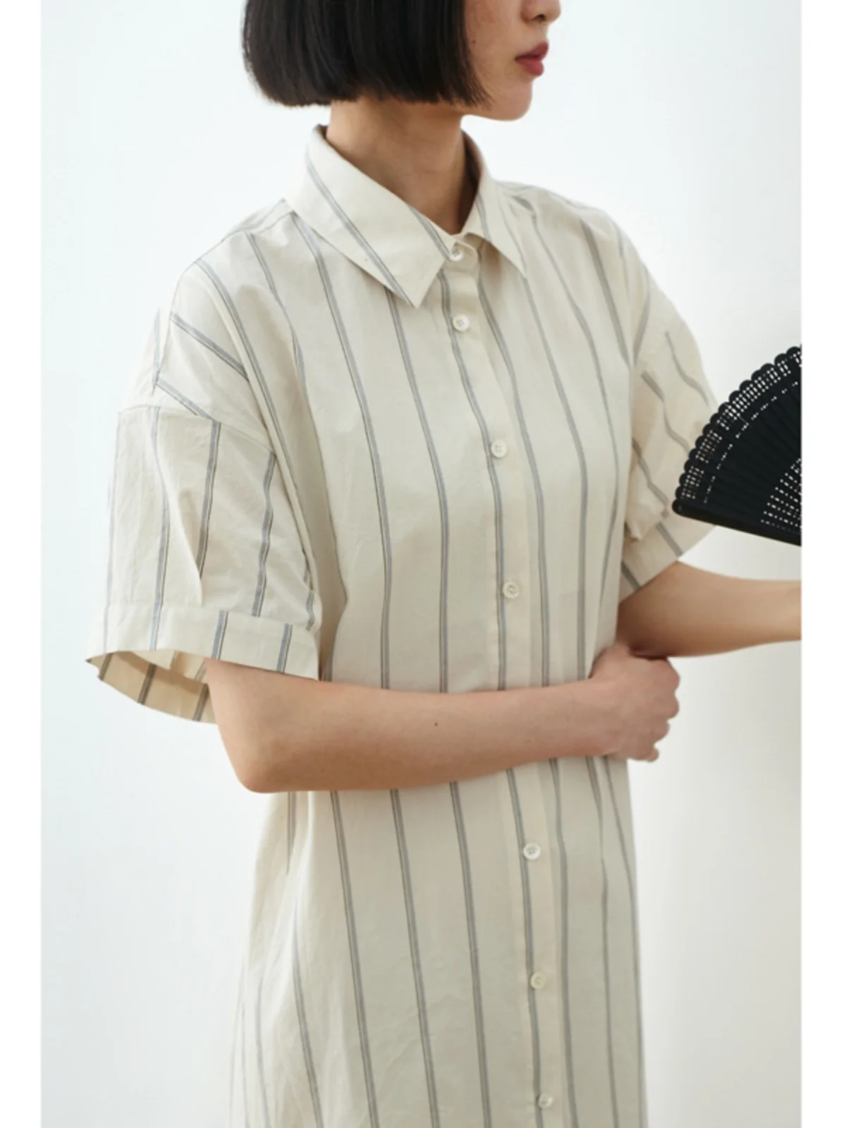 Женское Хлопковое платье-рубашка в полоску с коротким рукавом