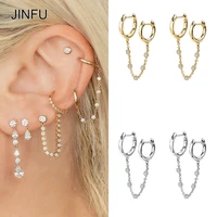jinfu gold silver filled hoop earrings for women double circle piercing cz zircon initial chain earrings 2022 jewelry wholesale