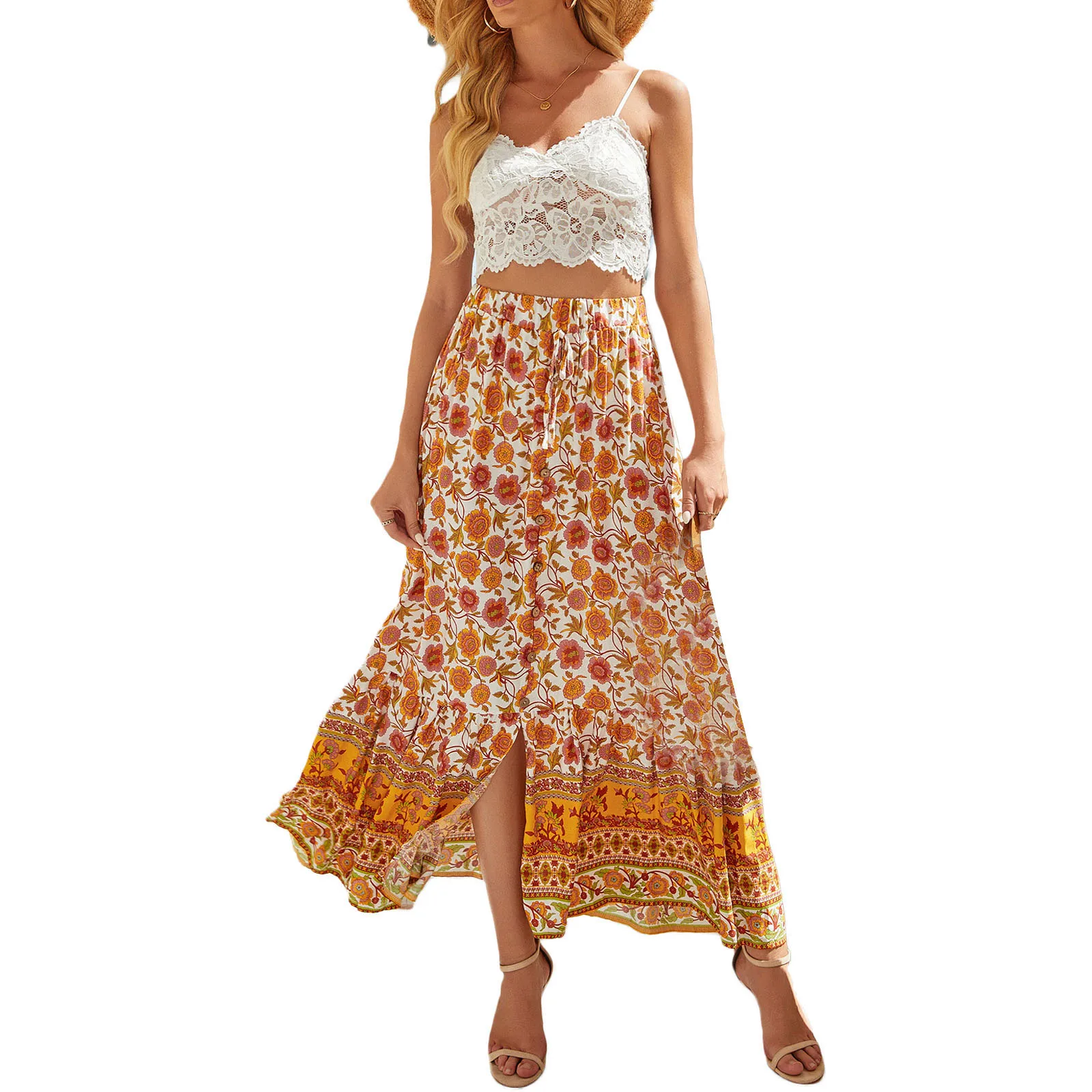 

Women Clothing Summer Polyester Casual Skirts High Waist Floral Printed Button Ruffled Bohemian Loose Long Skirts