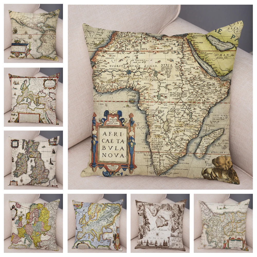 

Vintage Style Cushion Cover for Sofa Home Soft Plush Pillowcase Geometric Decor Old Map Pillow Case