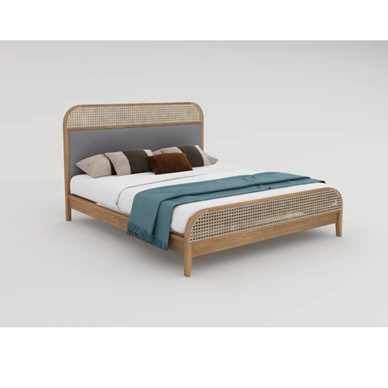 

Плетеная современная простая двойная Скандинавская ретро-кровать из массива дерева и ротанга в японском стиле, 1,8 метра
