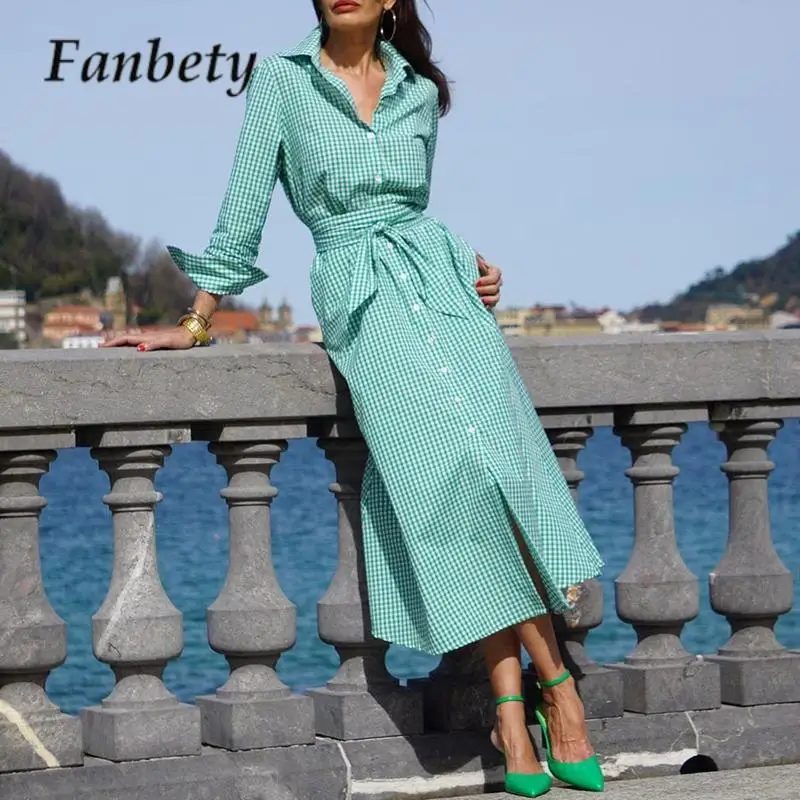

Female Waisted Lace-up Long Dress Fashion Lapel Collar Long Sleeve Button Dress Spring Casual Plaid Print Shirt Dress For Women