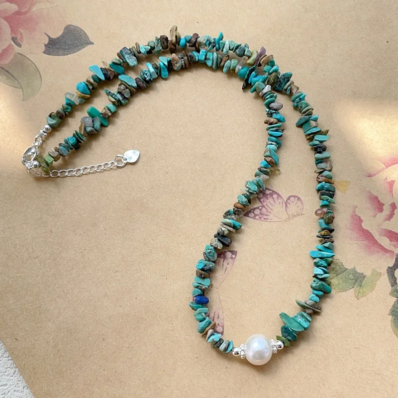 Ожерелье женское с натуральным бирюзовым и пресноводным жемчугом