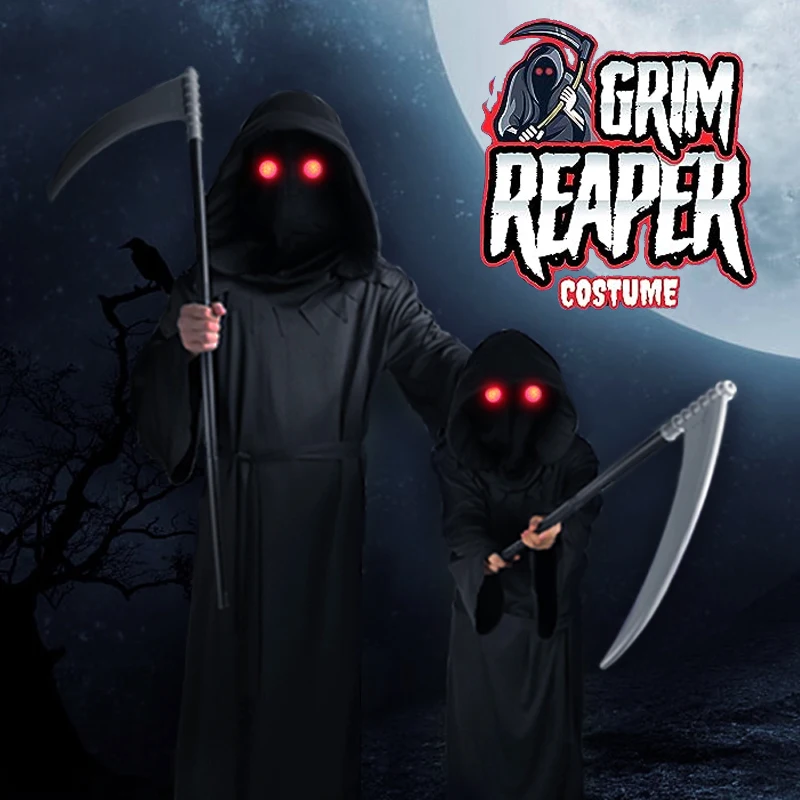 

Halloween Horror Red Eye Reaper Costume Grim Reaper Skeleton Costume Death Costume Scythe Devil Dark Messenger Ghost Cosplay Set