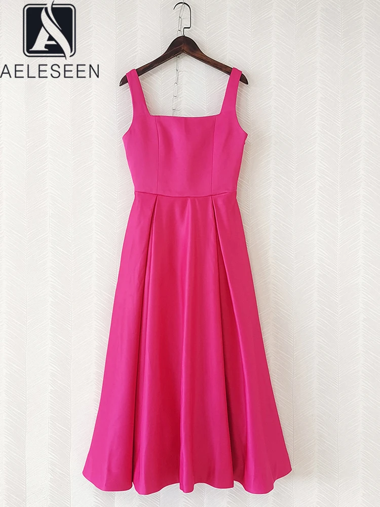 AELESEEN High Quality Satin Dress Runway Fashion Summer Heavy Spaghetti Strap Beack Bandage Rose Red Yellow Elegant Party