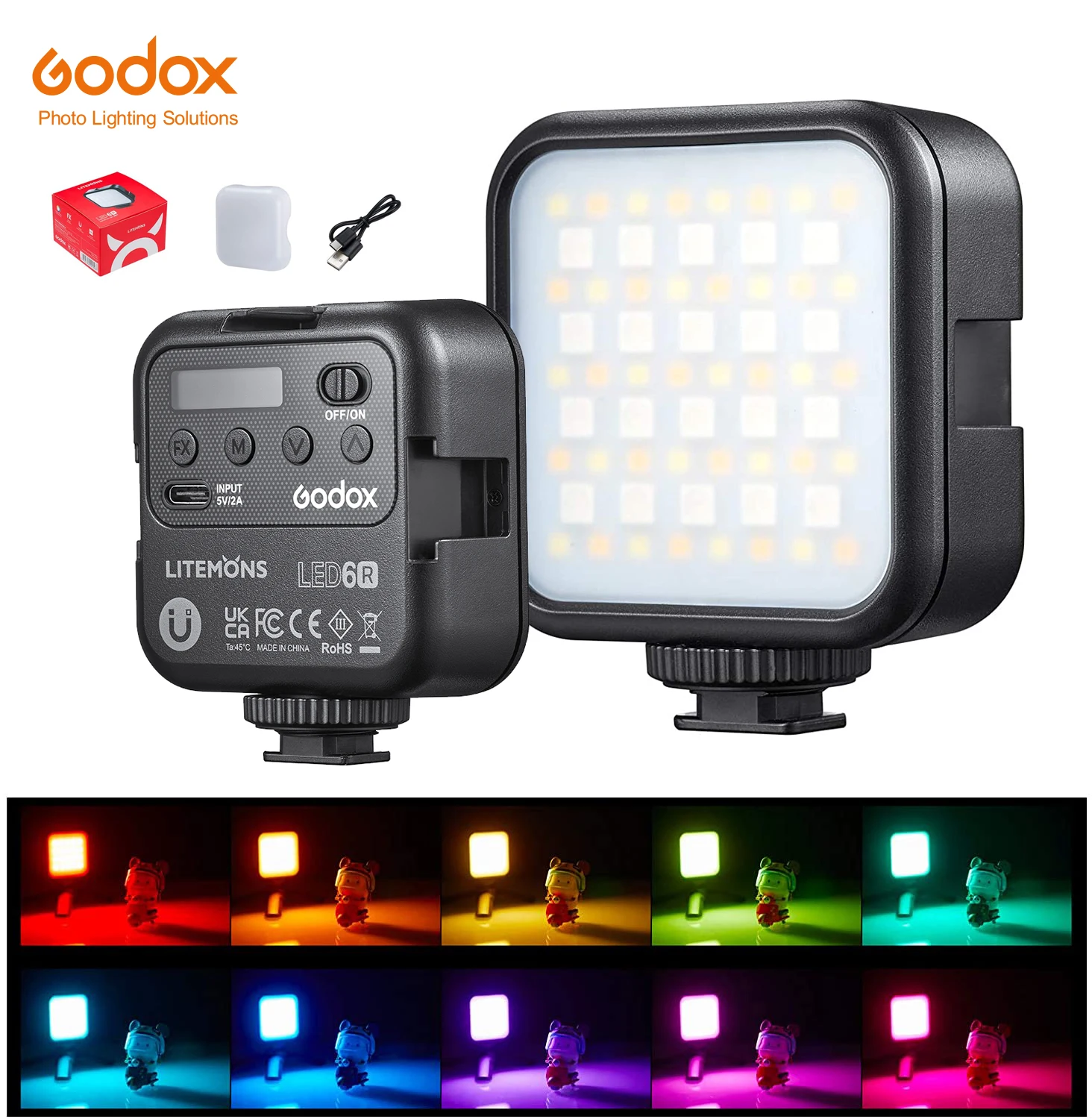 

Godox LED 6R RGB Video Light,Dimmable 0-360 Full Color 3200K-6500K 13 FX Effects Built-in 1800mAh Li-ion Battery for Video Light