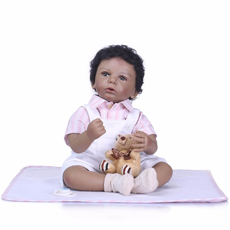 

50CM African American boy bebe doll reborn baby doll in dark black skin soft body lifelike realistic high quality doll