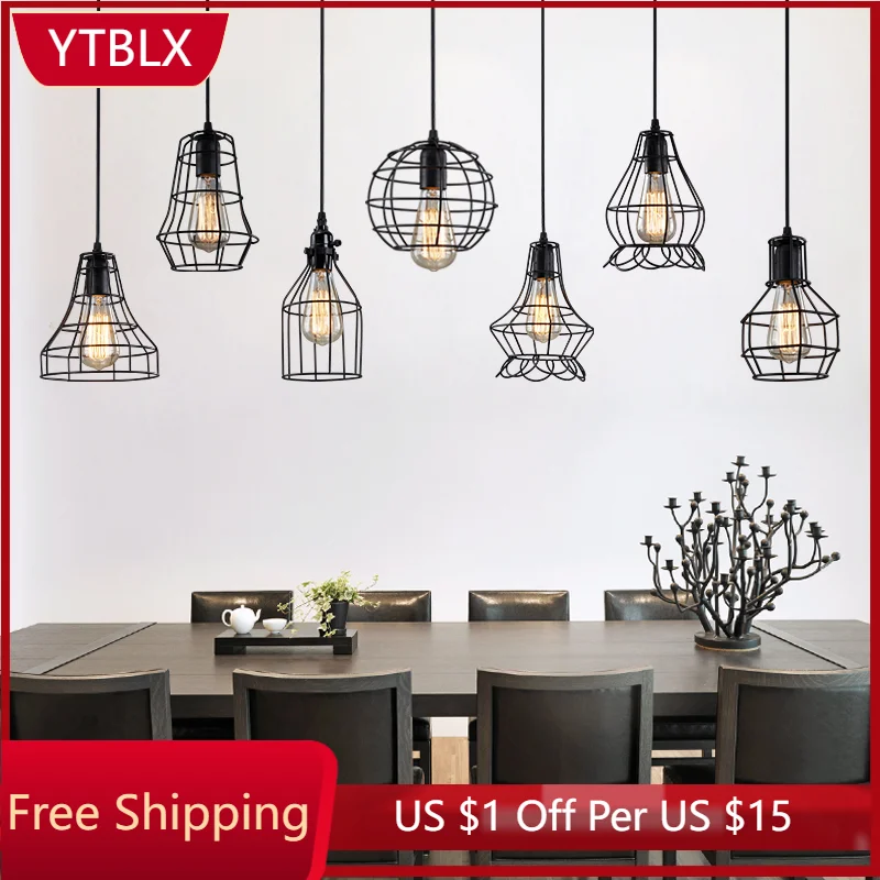 

Retro Loft Pendant Industrial Wind Iron Hanging Lamp LED Black Lighting Fixtures For Kitchen Living Room Restaurant E27