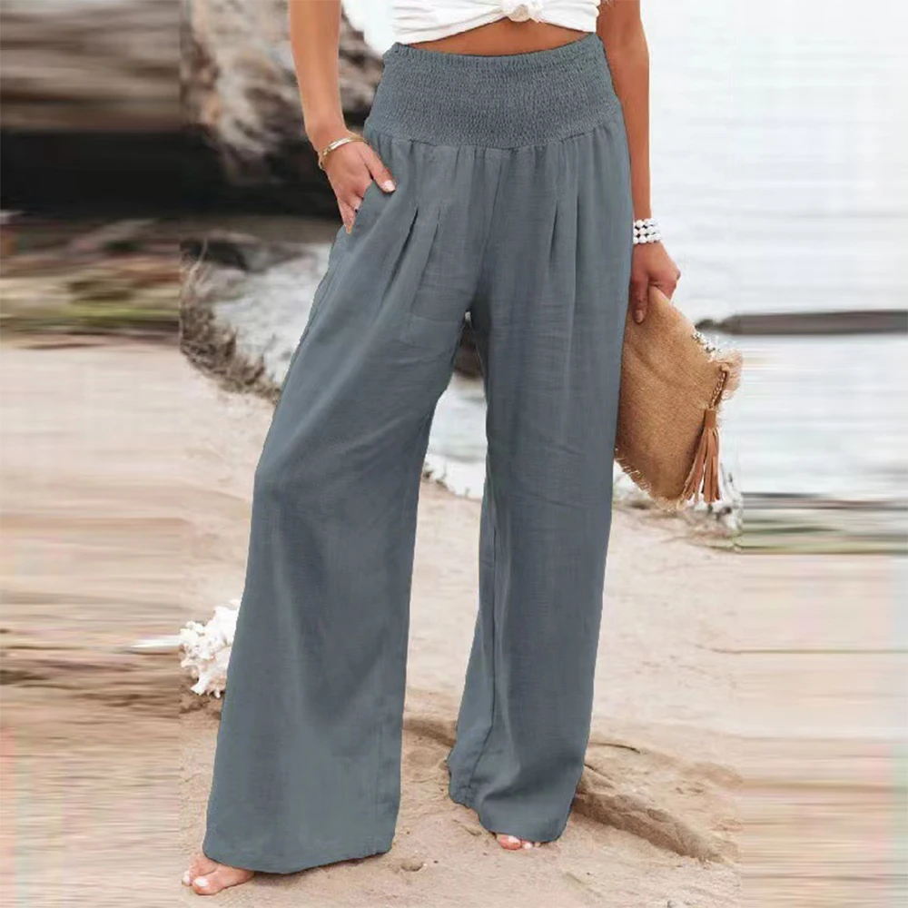 Cotton Linen Blend Wide Leg Trousers Women Long Pants Elasticated Waist Bottoms Office Lady Pockets Streetwear Oversize Pants