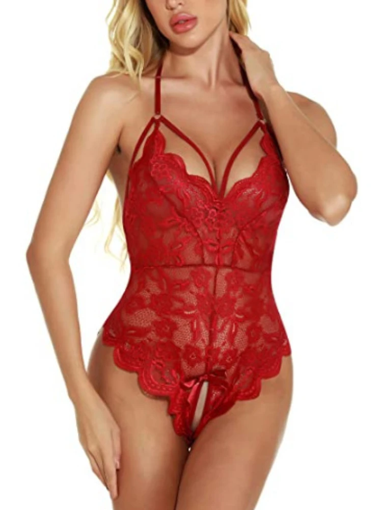 

One-piece Sexy Hollow Tight Open Crotch Erotic Bodysuit Women Sexy Pajamas Backless Temptation Lace Halter Lingerie