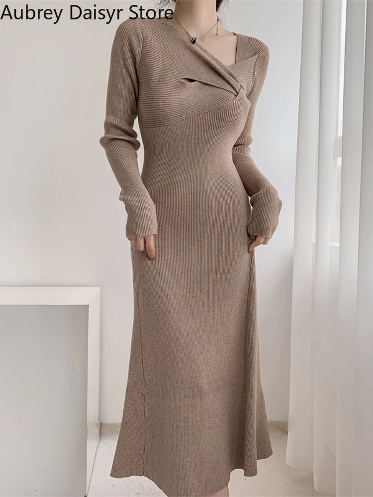 

Elegant Knitting Dress Women Winter Vintage Irregular Design One Piece Dress Female Korean Casual Sweater Party Dress 2023 New
