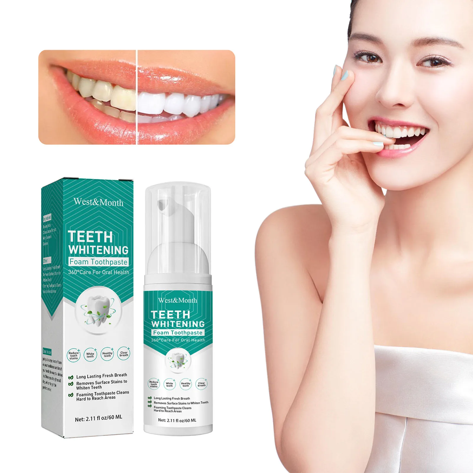

2.11 Fl Oz Foam Toothpaste For Whitening Teeth 360-Degree Care For Oral Health Natural Whitening Toothpaste For Teeth Cleaning