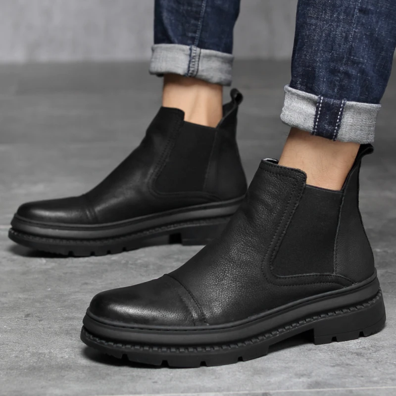 

2022 Genuine Leather Mens Chelsea boots Autumn Winter New Men Boots Fashion Black Platform Outdoor Casual Ankle Boots Mens Mujer