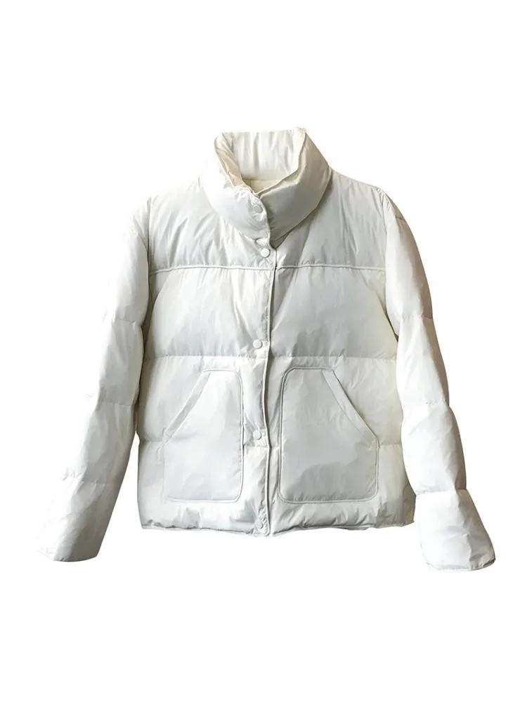 Black Thick Stand Collar Padded Short Parkas Jacket Women 2022 Winter New Zippers Loose Warm Bread Clothing Coats