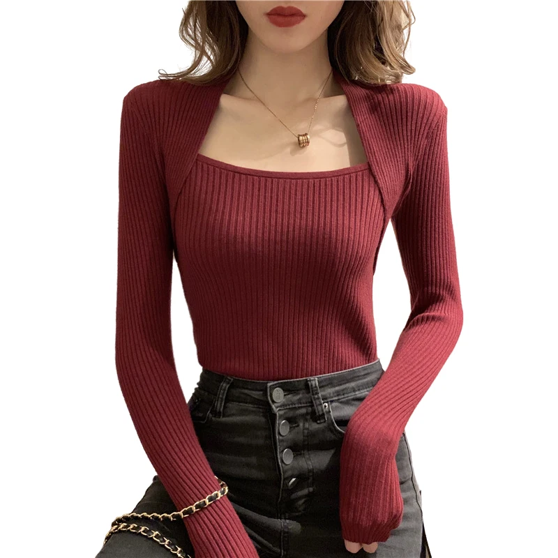 Sexy Ladies Pullover Sweater Red Square Neck Casual Knit Sweater Fashion Elegant Long Sleeve Body Top Urban Aesthetic Slim Fit