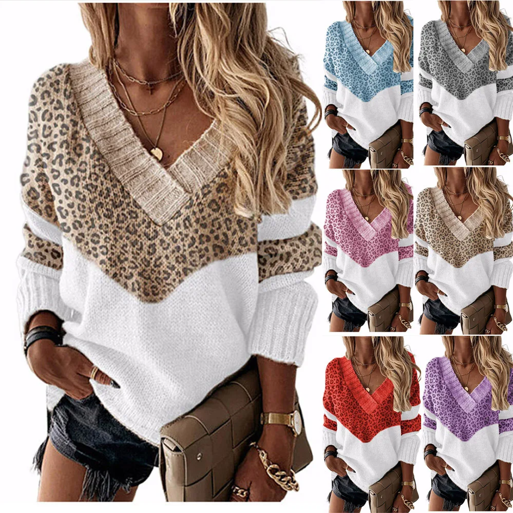 

Winter Leopard Print New V-neck Pullover Tops From Europe and The United States