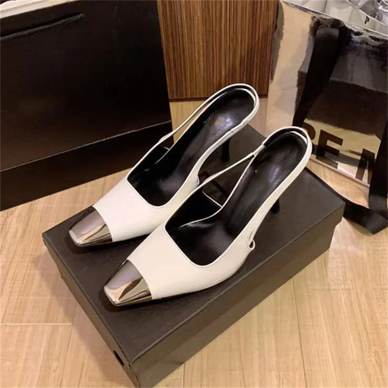 Metal Square Toe Sandalias Mujer Verano Stiletto Heels Women's Sandals Straps Buckle Zapatos De Mujer Tacon Medio Elegantes