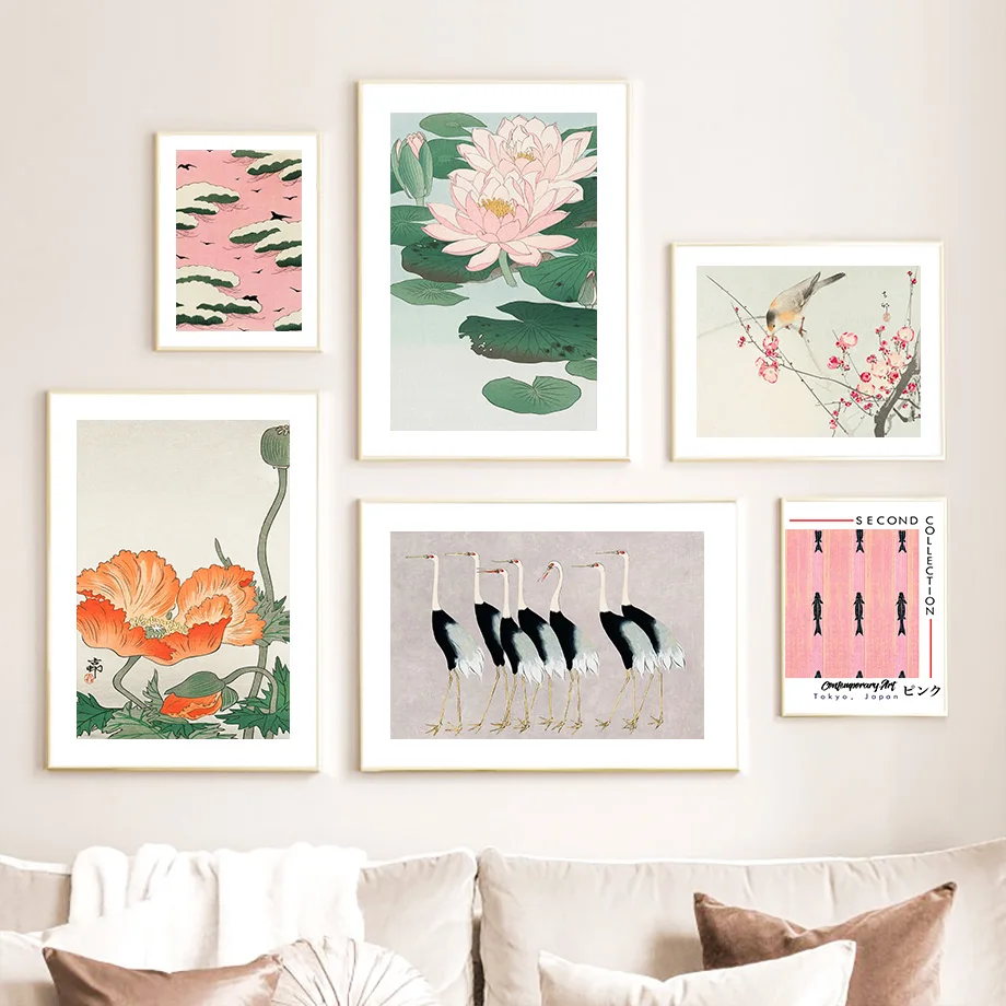 Лотос журавль птица в японском стиле настенная Картина на холсте скандинавские