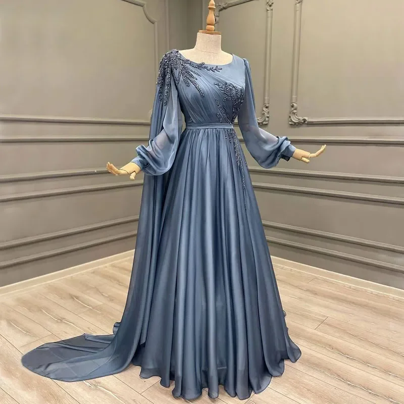 

Dust Blue Muslim Beading Long Sleeves A Line Wedding Guest Evening Prom Dresses for Bride Special Occasion 2023
