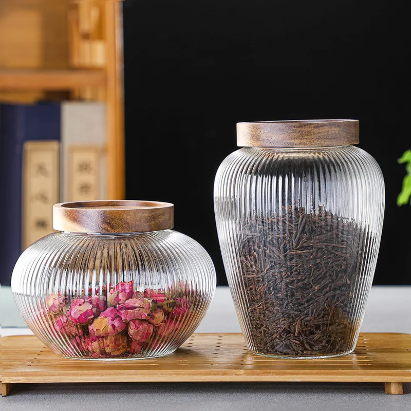 

Striped Glass Jar with Wooden Lid Large Capacity Airtight Bottle Household Tea Coffee Bean Jar Kitchen Food Storage Container