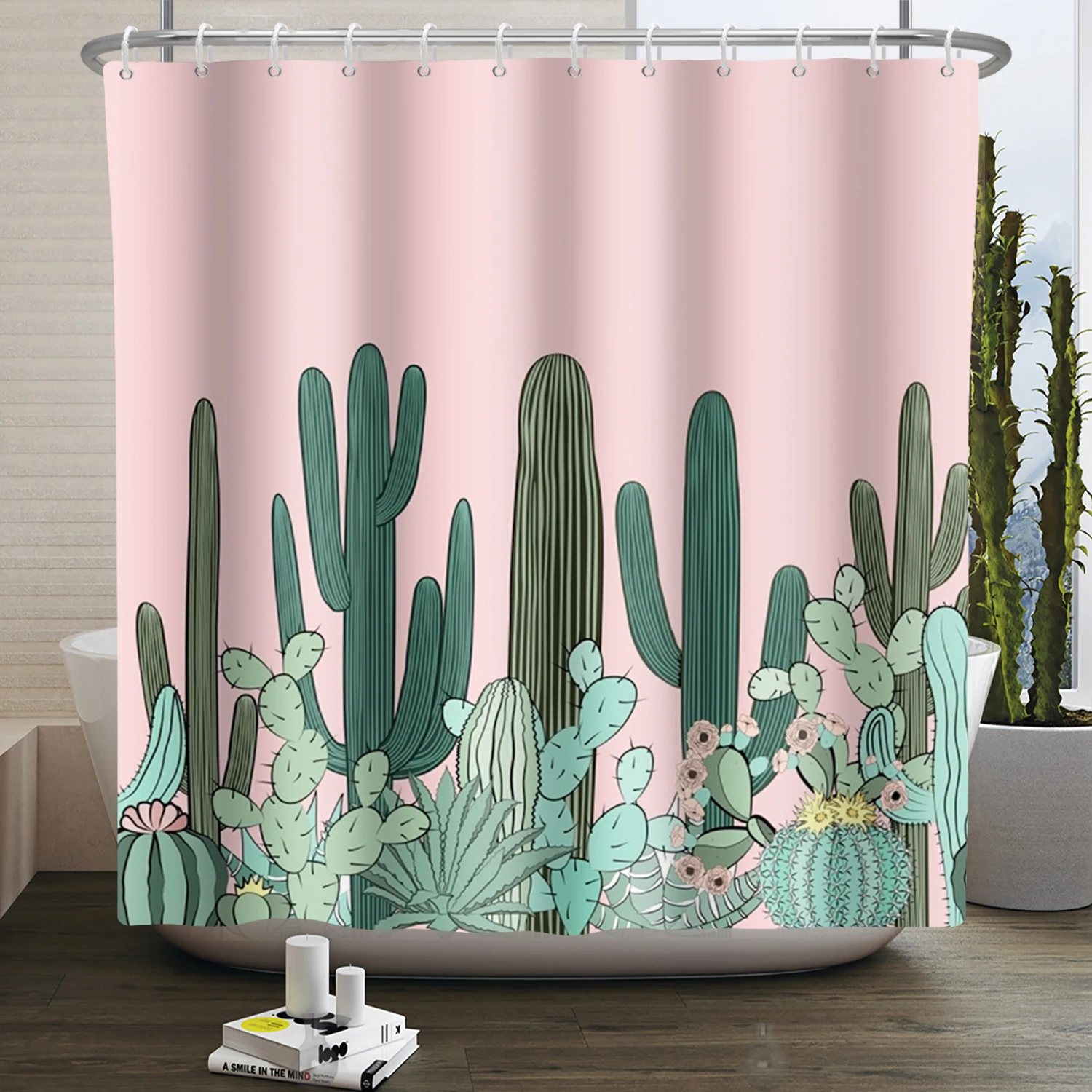 

Занавеска для душа с тропическим принтом кактуса, водонепроницаемые тканевые шторы для душа в стиле бохо, с растительным узором, современный декор для ванной комнаты, с крючками