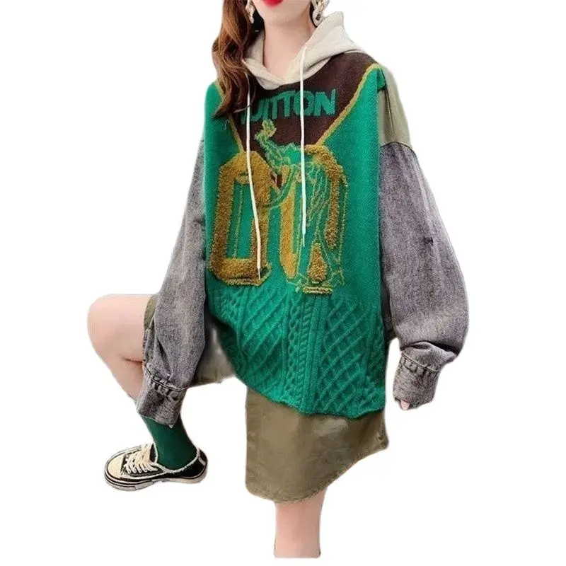 

Женское джинсовое пальто, новый стиль 2023, весна-осень, ковбойский сращивающийся свитер, средней длины, Свободный вязаный Модный пуловер, Жен...