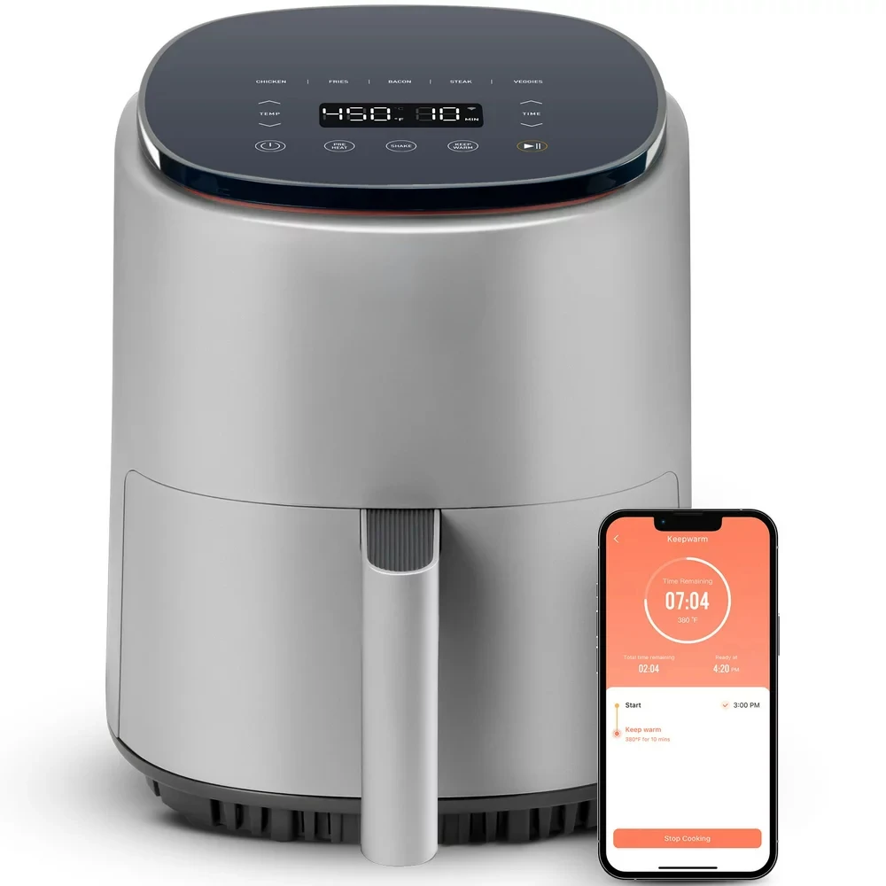 

Air Fryer, Lite 4-Quart Compact 7-in-1 Oven, Preheat and Keep Warm, Voice Control, Dishwasher-Safe, Light Gray