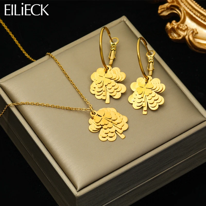 

EILIECK 316L Stainless Steel Golden Four Leaf Clover Necklace Earrings for Women Fashion Luxury Clavicle Chain Jewelry Set Gift