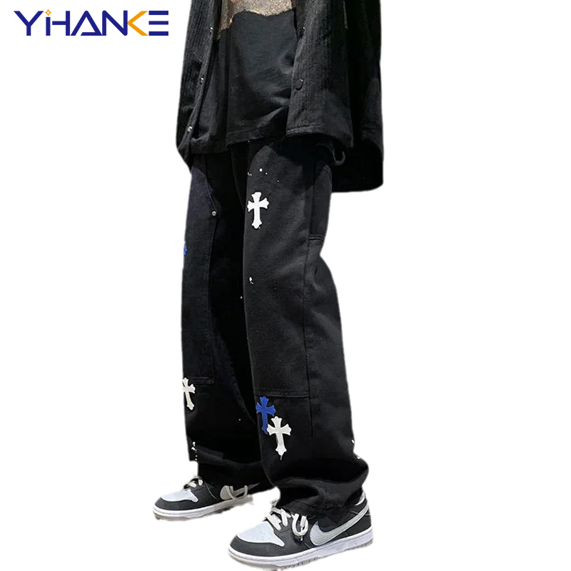 YIHANKE Washed Stitching Jeans Men's and Women's Straight-leg Pants Blue and White Cross Patch Jeans Straight-leg Couple's Pants