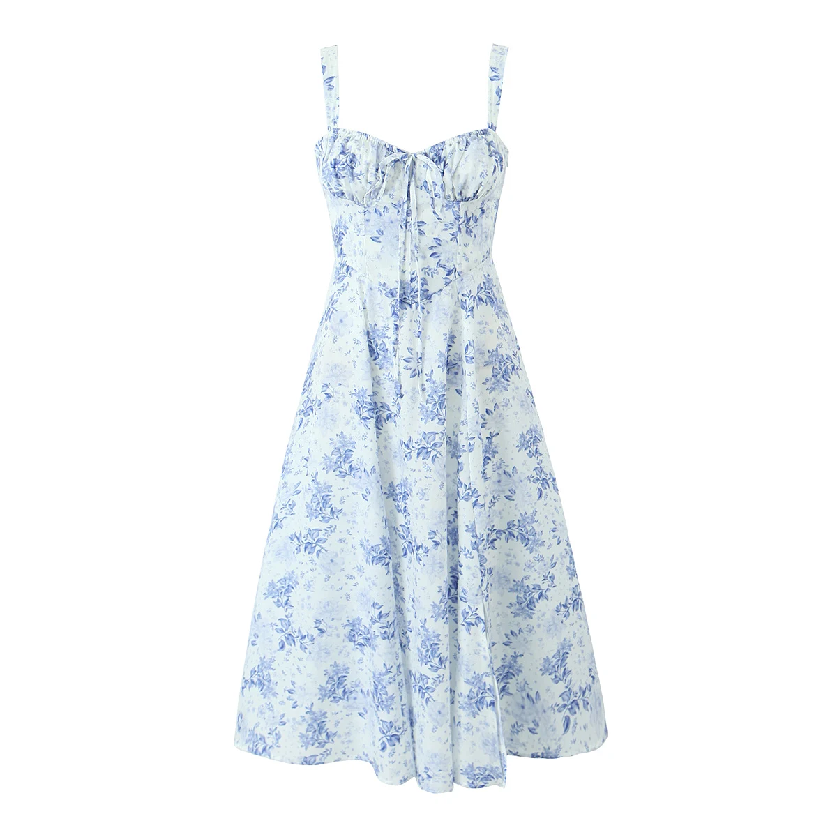 

2023 Sexy Ruched Chest Blue White Flower Print Corset Style Sling Dress Cross Lacing up Bandage Back Hem Slit A-Lined Midi Robe