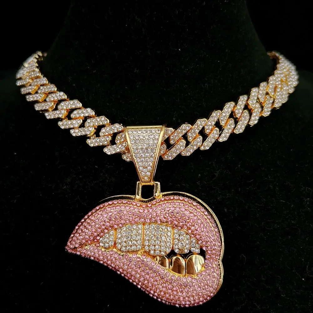 AAA Rhinestone Iced Out Miami Cuban Link Chain Sexy Biting Lips Pendant Necklace For Men's Chains Hip Hop Jewelry Women |