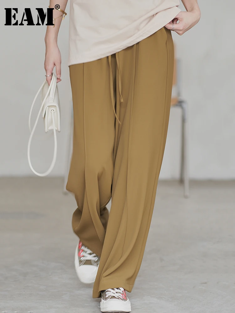 

[EAM] High Elastic Waist Khaki Brief Long Wide Leg Trousers New Loose Fit Pants Women Fashion Tide Spring Autumn 2022 1DE8882