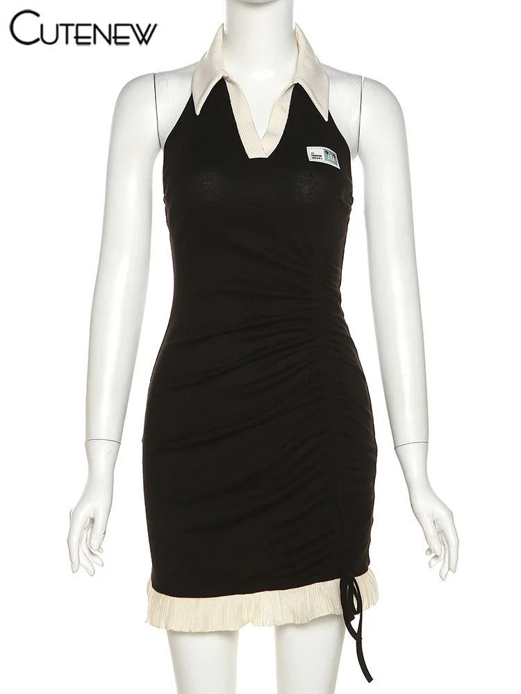 

Cutenew Black Sexy V-Neck Bodycon Mini Dress Women Elegant Skinny Slim Ruffles Neck-mounted Sleeveless Midnight Party Casualwear