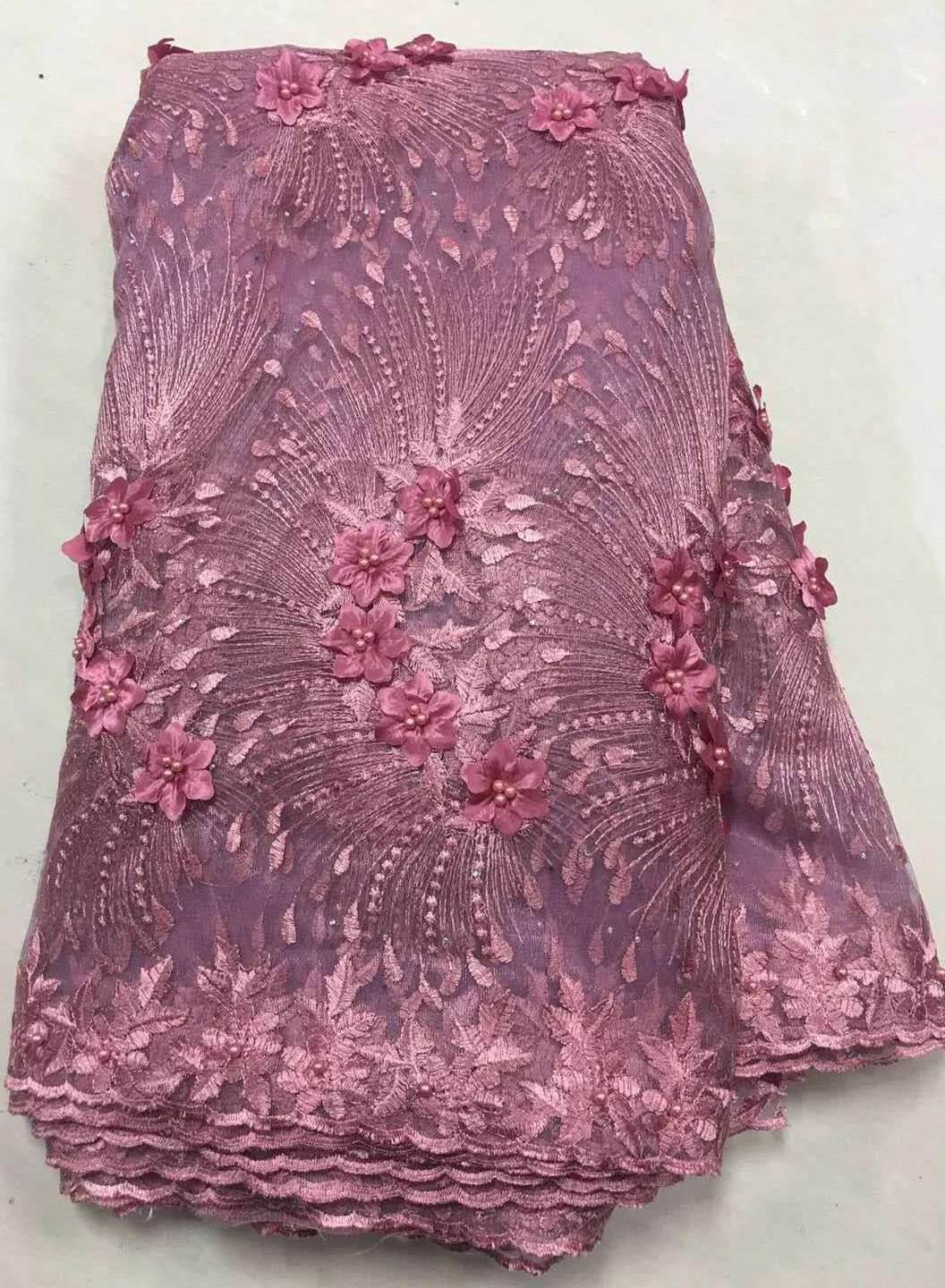 

African Lace Fabric 2021 High Quality 3D Lace Onion Color French Tulle Lace Fabrics with Beaded for African Parties ZA128