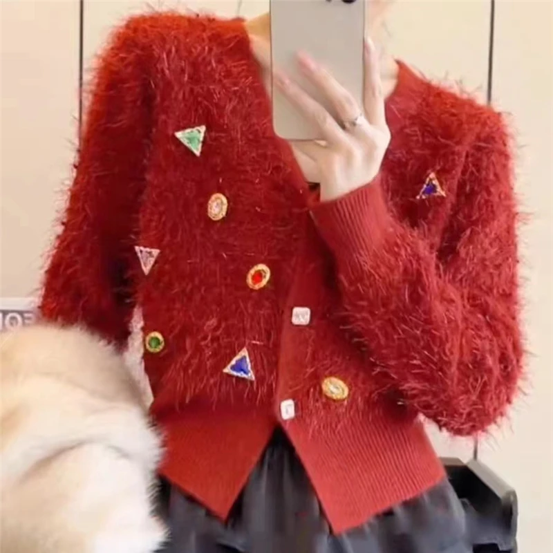 Женский вязаный кардиган с бриллиантами однобортный короткий свитер красного
