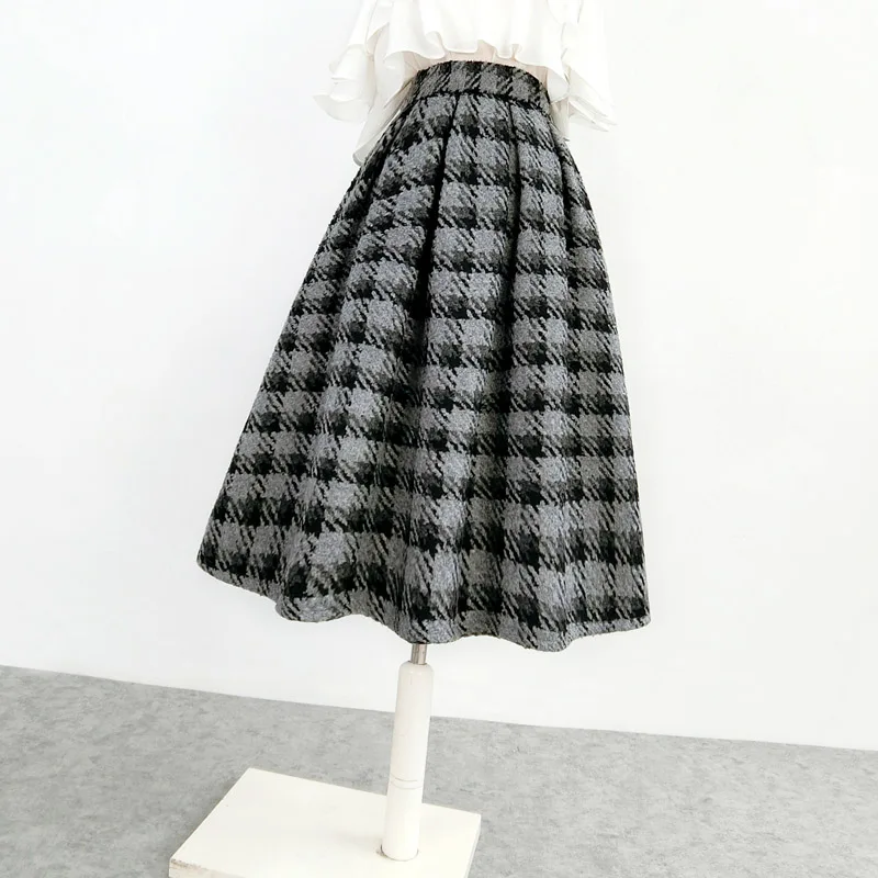 Thick Winter Houndstooth Tweed Wool Skirt Women Vintage Warm High Waist Party Umbrella