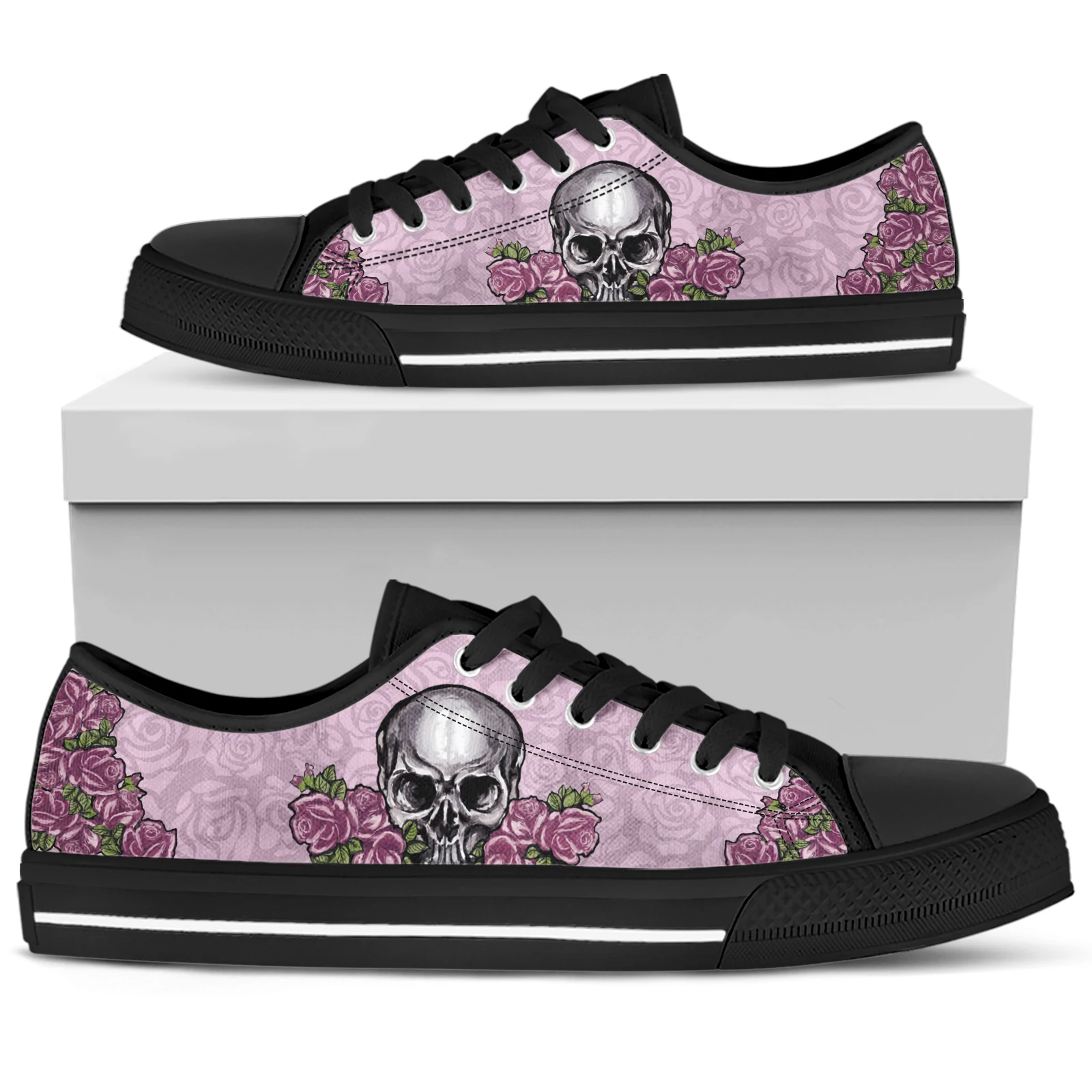 ELVISWORDS Queen Skull Flower 3D Print Vulcanize Shoes Fashion Women Canvas Low Top Flats Lace Up Comfortable Shoes Walk Zapatos
