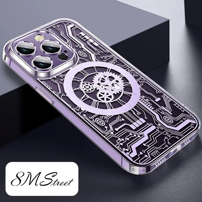 Magnetic Transparent Case For Iphone 12 13 14 Pro Max 14 Plus Mechanical Texture Phone Cover Magsafe For IPHON 13 Pro 14 Promax