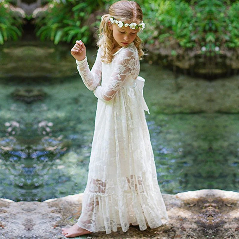 

European and American high-end children's wedding dress lace long sleeve girl's birthday performance long skirt