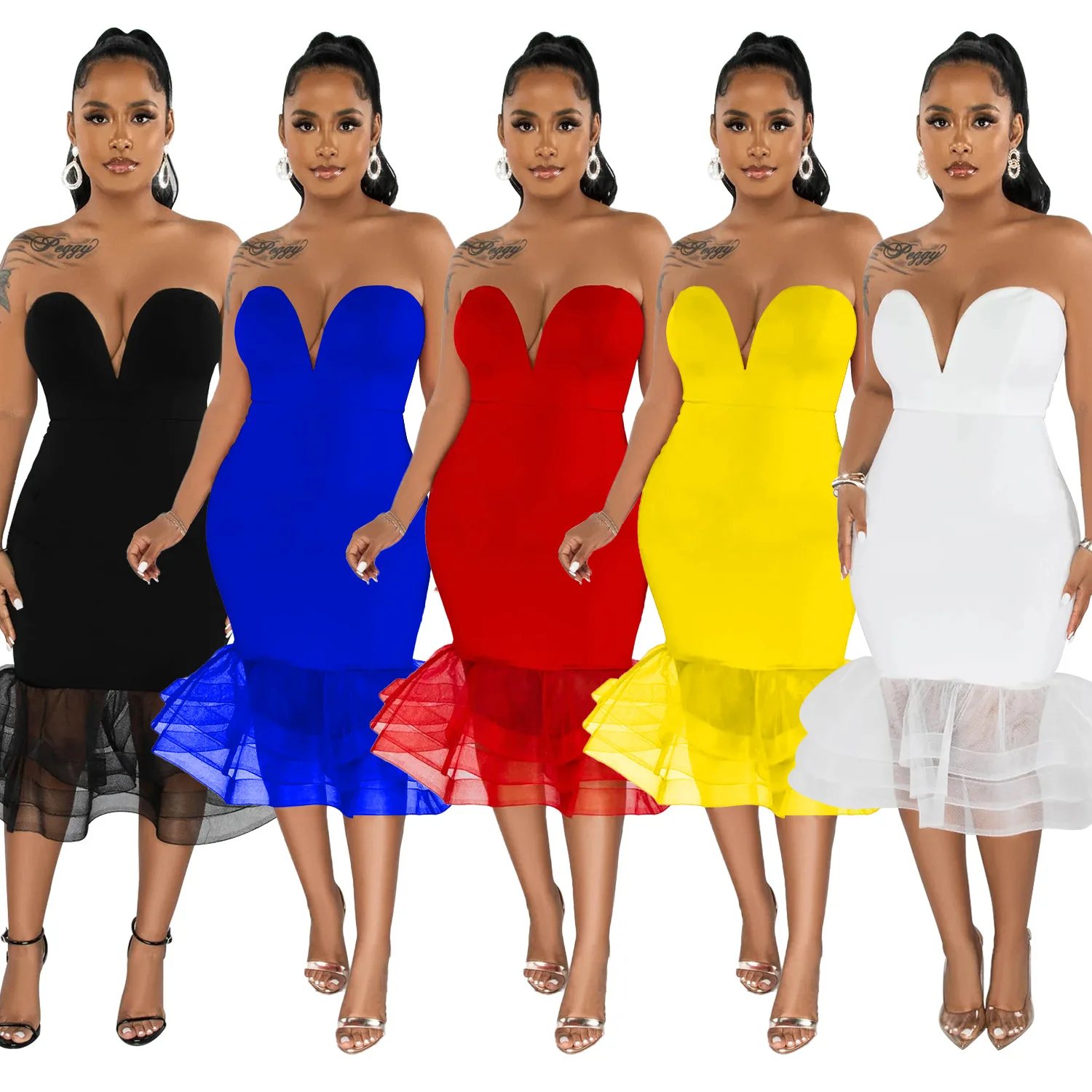 

EINYOO New Girl Women's Fashion Solid Sexy Strapless V Neck Bodycon Skirt Evening Party Wrap Hip Mesh Midi Dress Zevity Traf Y2K