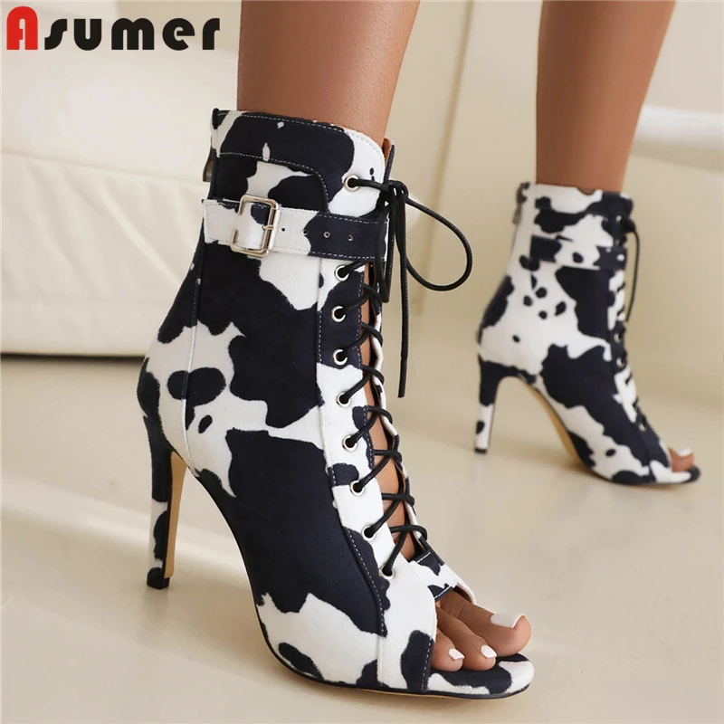 

Asumer Plus Size 34-48 New Lace Up Summer Boots Open Toe High Heels Ankle Boots For Women Fashion Ladies Shoes