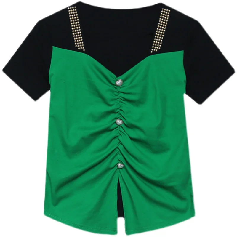 Женская футболка с коротким рукавом V-образным вырезом и заклепками |