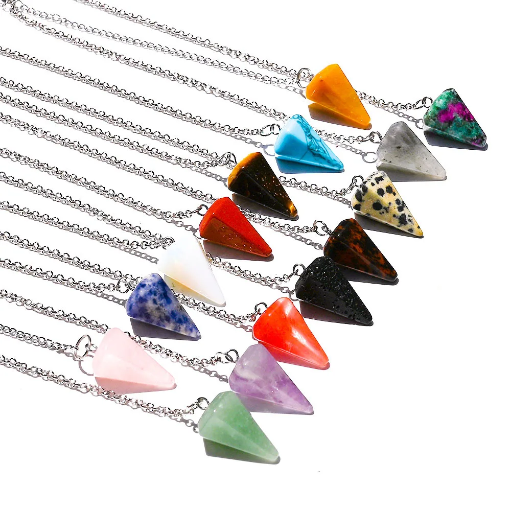 

15pcs Cone Shape Stone Pendulum Pendants for Dowsing Lapis Opal Rose Quartz Crystal Healing Chain Charms Jewelry