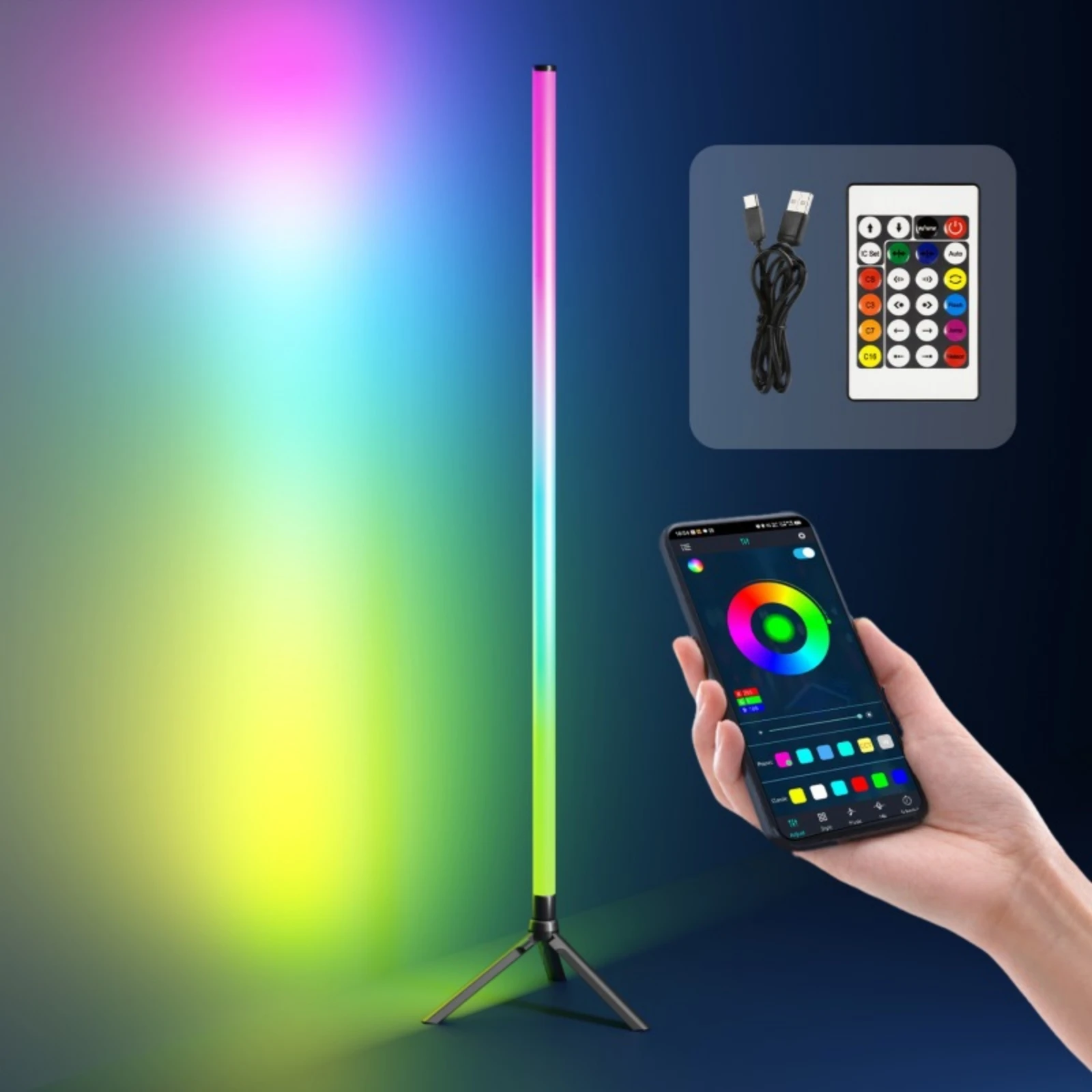 Фото 360 °   Торшер с регулируемой яркостью, 103 см, RGB USB-подсветка для игр, гостиной, спальни, угловой светильник с приложением Bluetooth и пультом дистанционного управления №3