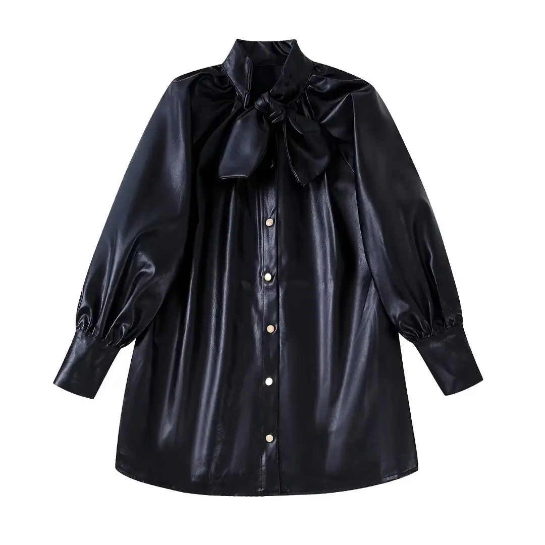 

VANOVICH Winter New Women's European and American Style Fashion Temperament Loose Bow Stand Collar PU Single Breasted Black Coat